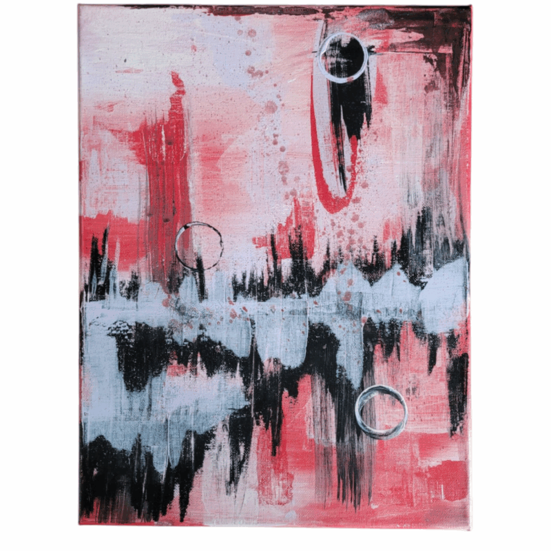 Ręcznie malowany obraz akrylowy „Echo Impulsu” Ręcznie malowany obraz akrylowy „Echo Impulsu” – abstrakcyjna kompozycja w kolorach różu, czerni i błękitu, nowoczesna dekoracja ścienna.