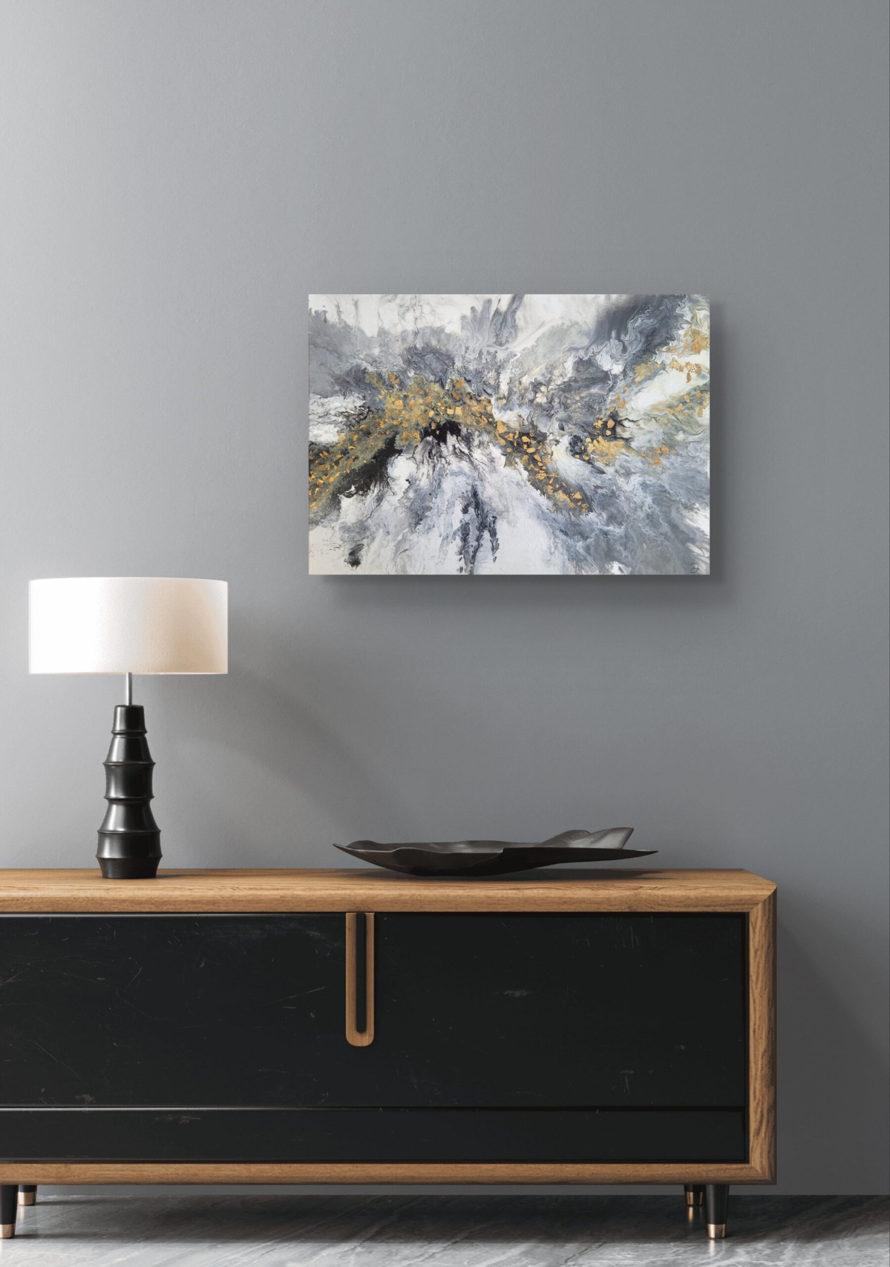 Nowoczesny obraz abstrakcyjny z płatkami złota do salonu