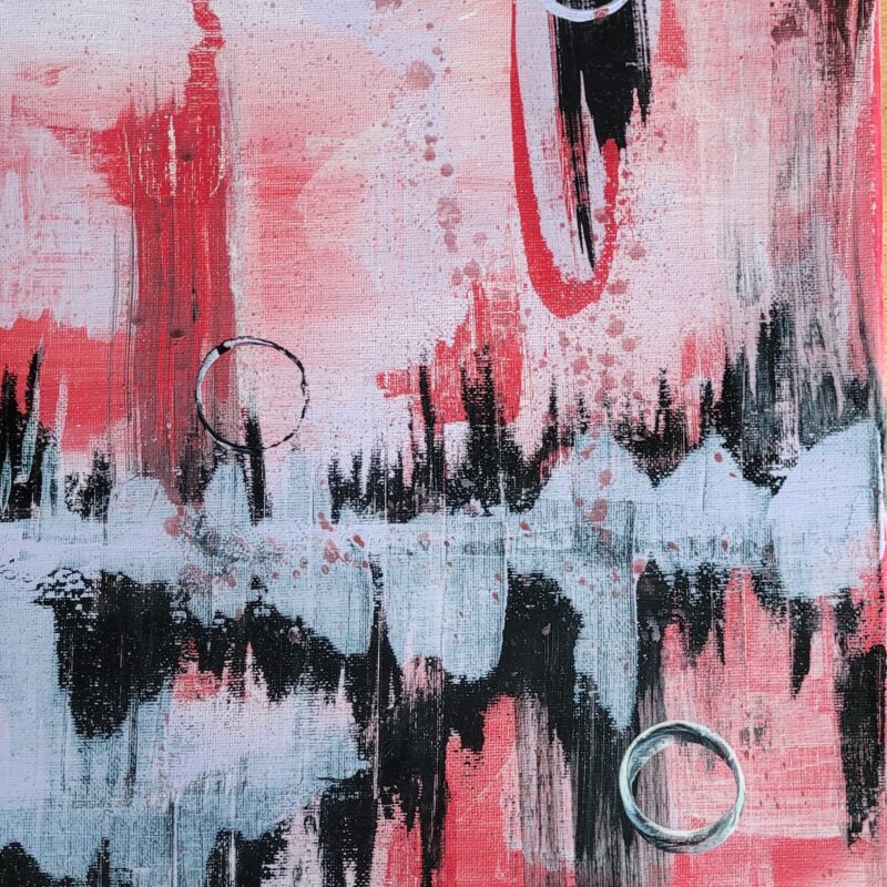 Ręcznie malowany obraz akrylowy „Echo Impulsu” – abstrakcyjna kompozycja w kolorach różu, czerni i błękitu, nowoczesna dekoracja ścienna.