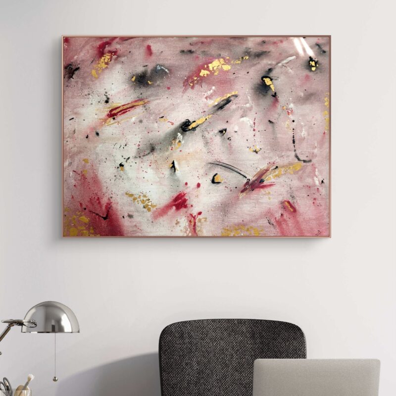 „Abstrakcyjny obraz z płatkami złota Roziskrzony Szept – nowoczesna sztuka do wnętrz”